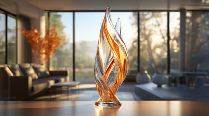 Crystal trophy placed on the table, reflecting sunlight