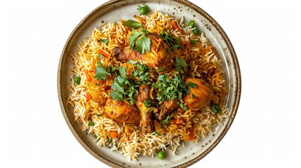 Top View of Chicken Biryani on Plate Isolated
