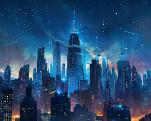 An illuminated city skyline with skyscrapers reaching towards the stars - obrazy, fototapety, plakaty