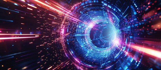 Obraz premium Futuristic technology geometrical and science neon glowing background. AI generated image