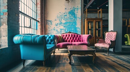 interior of a loft style living room with blue and pink sofa