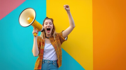 A Woman Happily Talks Into a megaphone - obrazy, fototapety, plakaty