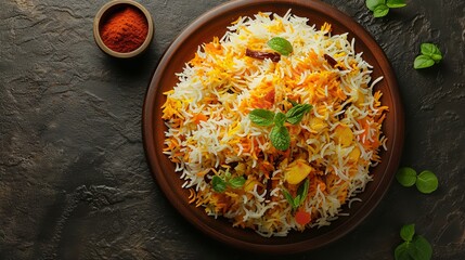 Top View Vegetable Biryani on a Wooden Plate