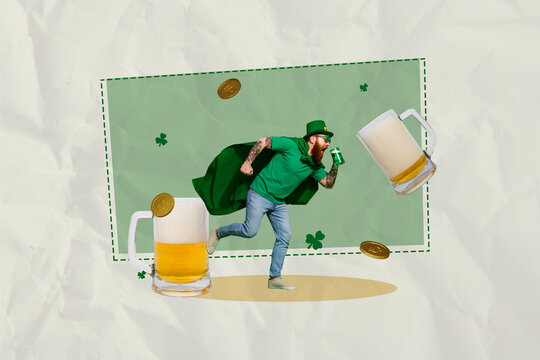 Collage image poster of positive cheerful man wear leprechaun cape cap drink beer theme party saint patrick day spring celebration