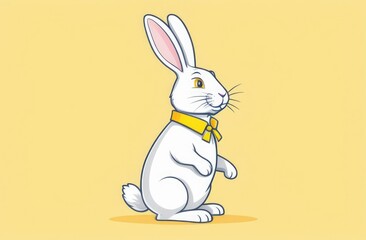White fluffy Easter bunny with yellow collar sitting on pastel yellow background. Spring Easter illustration.