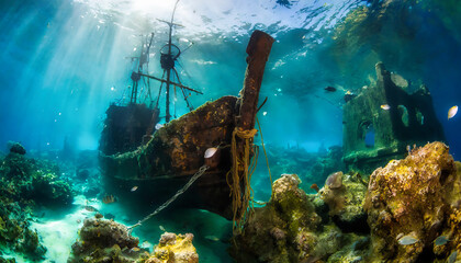 Ancient sunken pirate ship resting in the depths of the blue sea. Underwater photo - obrazy, fototapety, plakaty