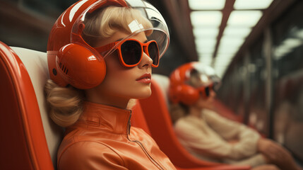 Obraz premium woman in transport in reflective helmet sitting, relaxing during travel journey, science fiction and retro fashion, vintage and retrofuturistic concept