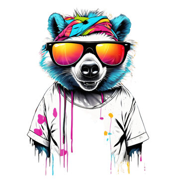 Polar bear in sunglasses with colorful splashes.