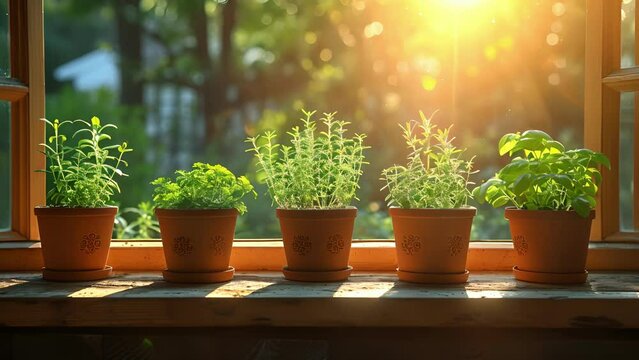 A photo of a sunlit kitchen window filled with a variety of aromatic herbs reminding us of the simple of cooking with fresh ingredients.