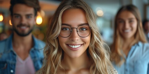 Fototapeta premium A stylish and cheerful group of friends, featuring an alluring blond woman in a casual urban setting.