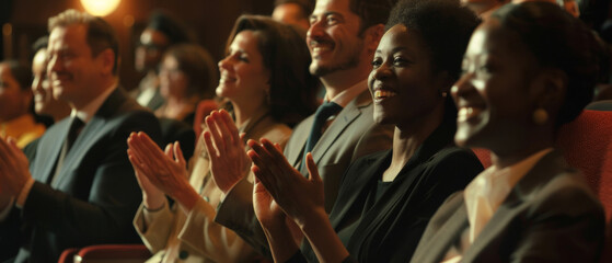Fototapeta premium Audience applauding enthusiastically at an event, sharing enjoyment.