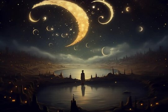 fantasy, moon, landscape, art, night, sky, illustration, light