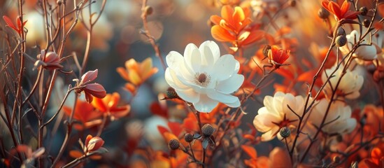 Beautiful white flower with vibrant orange leaves blooming in natural background