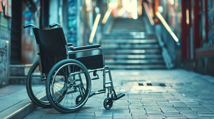 An empty wheelchair abandoned at the bottom of a concrete staircase outdoors, highlighting the challenges and barriers faced by individuals with disabilities in urban environments