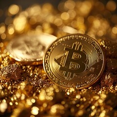 Bitcoin crypto currency coin on gold background with bokeh defocused lights