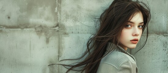 Fototapeta premium A woman with long hair is leaning against a concrete wall in an urban setting. She appears relaxed and confident as she stands tall and gazes ahead.