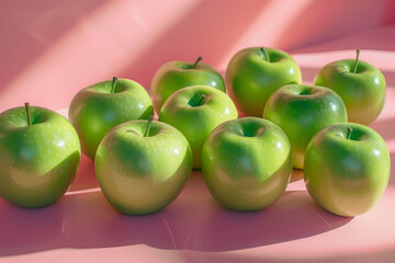Vibrant green apples neatly aligned on a reflective pink surface, casting soft shadows in sunlight