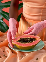 Elegantly gloved hands slicing ripe papaya on a silk backdrop, highlighting contrasts in texture and color