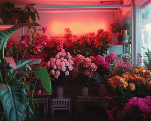 An enchanting view of an indoor flower shop bathed in neon light showcasing a plethora of beautiful flowers