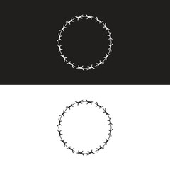 Twisted barbed wire silhouettes set in rounded and square shapes. Vector illustration of steel black wire barb fence frames.