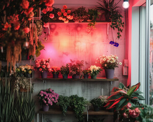 A quaint flower shop illuminated by stunning neon lights, invoking a sense of warmth and romance