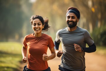 
Two friends, a 30-year-old Indian woman and a 32-year-old Indian man, jogging together on World Health Day, promoting fitness and health