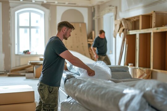 Delivery men moving sofa in room at new home