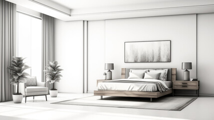 Stylized Bedroom interior with very refined modern style in almost black and white mood