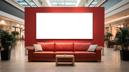 White tall Billboard on a wall in the middle of a Shopping mall behind an orange leather sofa with some vegetation and without people