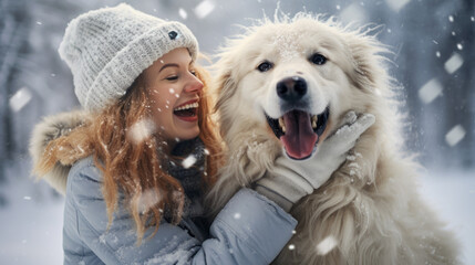 Very Happy Caucasian Woman with long red hair and a woolly hat playing with her happy white big dog under the snow with a blurry background