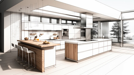 Sketch of a Large Kitchen interior with refined modern style and a large nature view