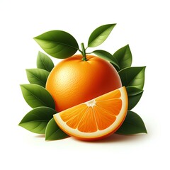  Orange with sliced and green leaves isolated on white background