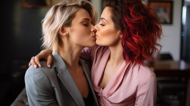 Two caucasian modern women with short blond and red hair sit on a sofa kindly kissing each other with their eyes closed in a soft lightning with a blurry background