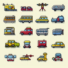 Collection of icons featuring various cars, public transport, and air vehicles.