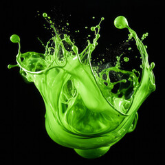 big Splash of shiny light green translucent paint with lots of tiny drops on a dark background