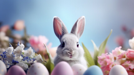 Cute light grey rabbit sitting in the middle of few colored Easter Eggs with blurry flowers in background