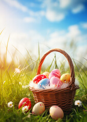 Close-up of a small basket with many colored and painted Easter Eggs put in the grass with a very sunny day and a blurry background