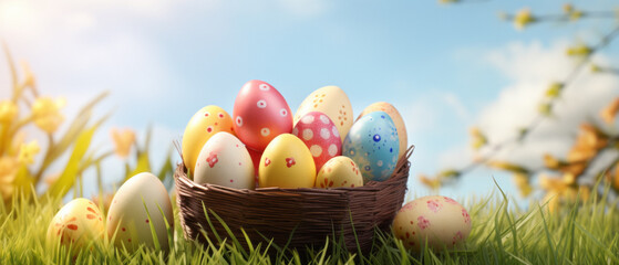 Close-up of Small basket with many painted Easter Eggs put in the grass with a very sunny day and a blurry background