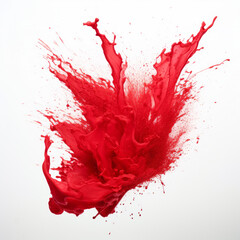 big Splash of satiny red and translucent paint with many tiny drops on a white background