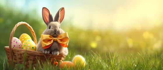 Cute Rabbit with a bow tie inside a Small basket with some colored and painted Easter Eggs put in the grass with a very sunny day and a blurry background