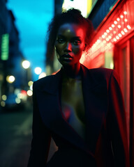 Beautiful Fashion Black Model with a black satin jacket into a night city street with many neons as a blurry background