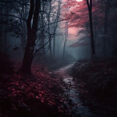 Dark forest with fog and beautiful colors