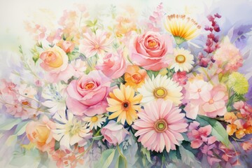 Obraz na płótnie Canvas Delicate watercolor flowers in full bloom