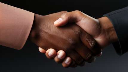 Fototapeta premium Close-up of a Handshake between a black hand with salmon sleeve and a white hand with grey sleeve on a dark background