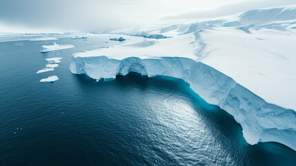 Drone Wide view of the edge of the ice floe with the bluish zone just under the surface into a dark blue ocean with a hazy sky