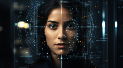 Futuristic Interface scanning system with many thin blue lines patterns in front of a mixed Woman front face with long black hair and blurry dark background