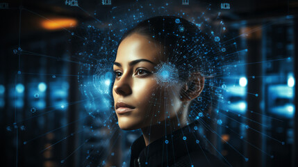 Futuristic Virtual Interface system with thin blue lines network close to a mixed Woman head with black hair and blurry dark background