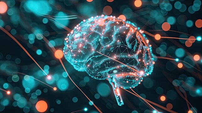Neural brain icon. Technology, head, glow, development, convolutions, neuron, neural network, antidesign, intelligence, nerve, mind, organ, skull, thought, hemisphere, receptor. Generated by Ai