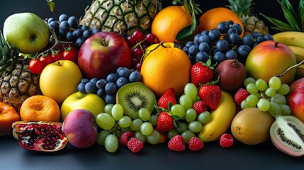 Fruit buffet icon. Sweetness, vitamins, freshness, taste, grapefruit, banana, pineapple, orange, cherry, lemon, citrus, kiwi, apples, tangerine. Generated by AI