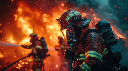 Naklejka premium firemen using fire hose to extinguish a fire Inside burning building,generative ai